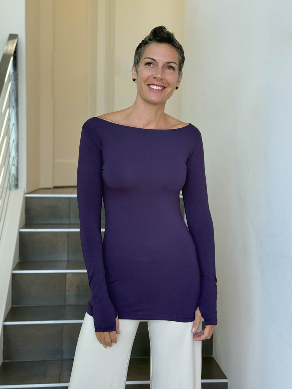 caraucci long sleeve stretchy rayon jersey purple long sleeve boat neck top #color_plum