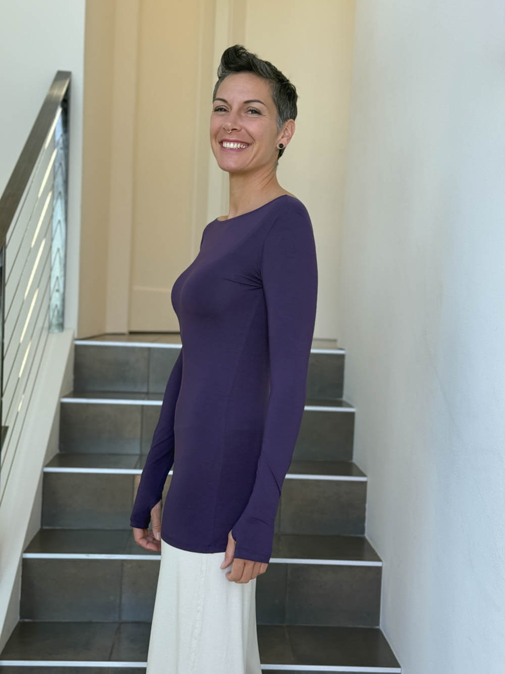 caraucci long sleeve stretchy rayon jersey purple long sleeve boat neck top #color_plum