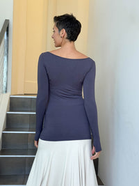 caraucci long sleeve stretchy rayon jersey steel grey long sleeve boat neck top #color_steel