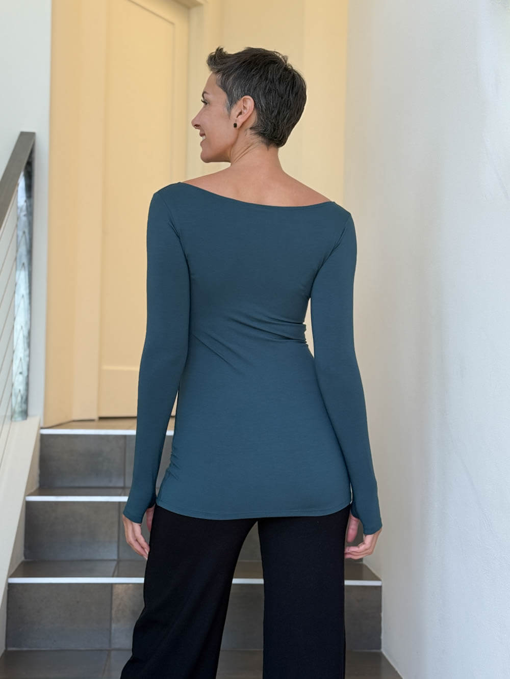 caraucci long sleeve stretchy rayon jersey teal blue long sleeve boat neck top #color_teal