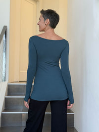 caraucci long sleeve stretchy rayon jersey teal blue long sleeve boat neck top #color_teal