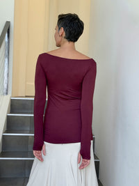 caraucci long sleeve stretchy rayon jersey maroon long sleeve boat neck top #color_wine