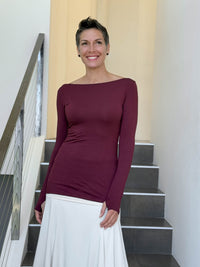 caraucci long sleeve stretchy rayon jersey maroon long sleeve boat neck top #color_wine