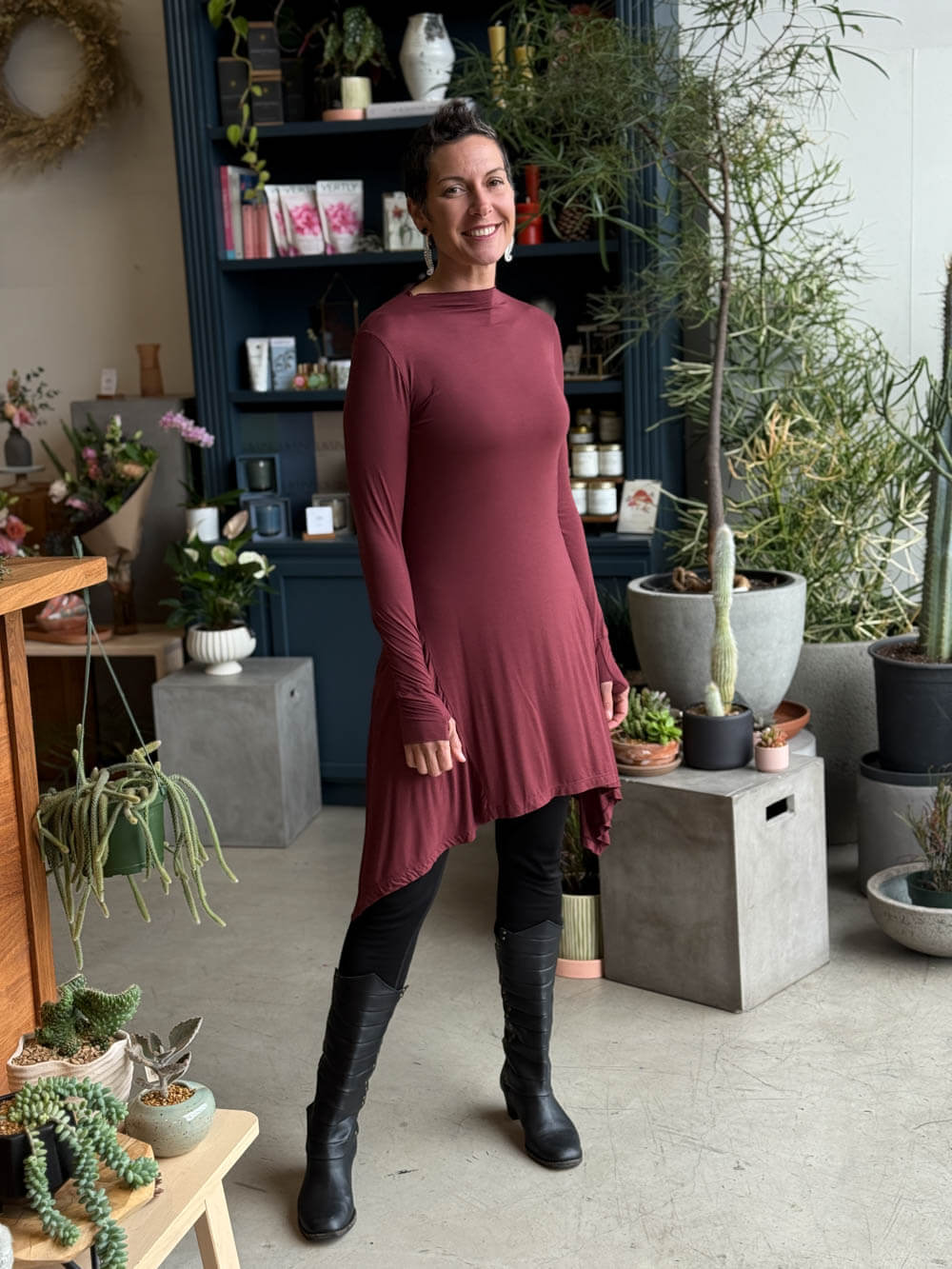 caraucci high neck maroon high neck long sleeve swing tunic with thumbholes #color_wine