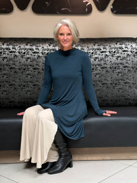 caraucci high neck teal high neck long sleeve swing tunic with thumbholes #color_teal