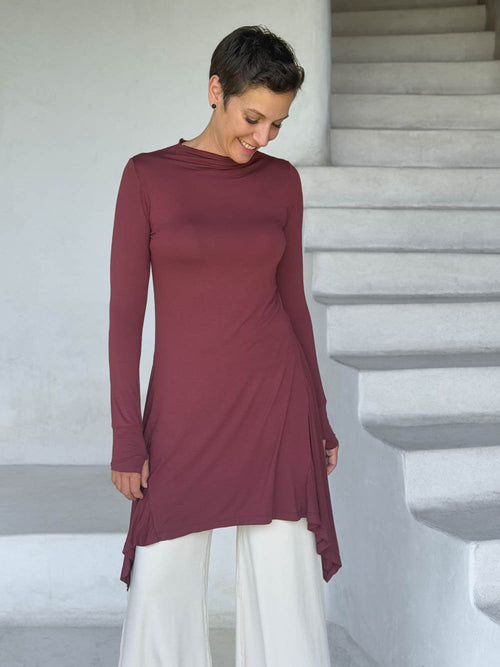 caraucci high neck maroon high neck long sleeve swing tunic with thumbholes #color_wine