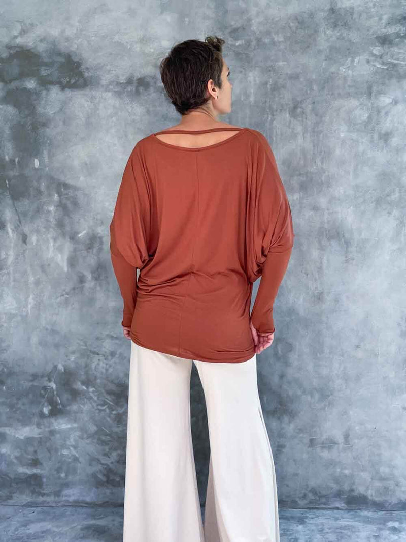 caraucci women's plant-based lightweight loose fit burnt orange long sleeve rayon jersey top with thumbholes #color_copper