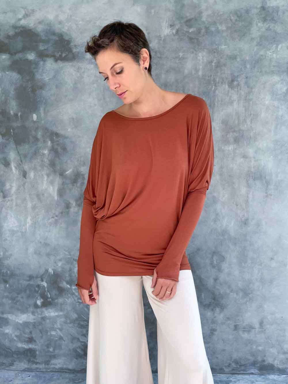 caraucci women's plant-based lightweight loose fit burnt orange long sleeve rayon jersey top with thumbholes #color_copper