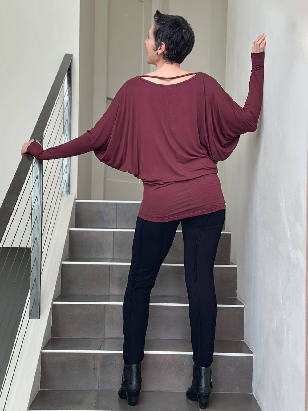 caraucci women's plant-based lightweight loose fit dolman long sleeve rayon jersey maroon top with thumbholes #color_wine