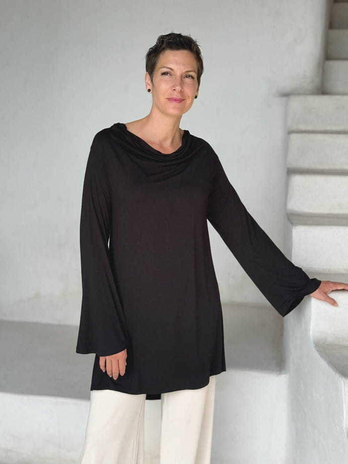 caraucci relaxed fit black long sleeve cowl neck tunic #color_black
