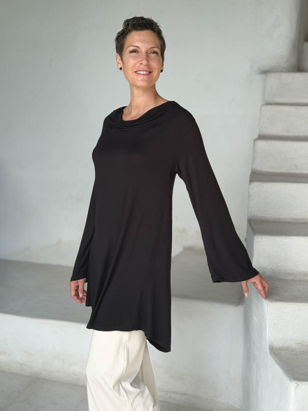 caraucci relaxed fit black long sleeve cowl neck tunic #color_black