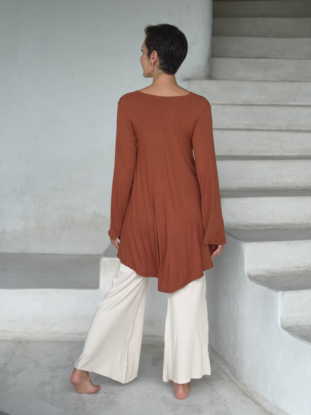 caraucci relaxed fit copper orange long sleeve cowl neck tunic #color_copper