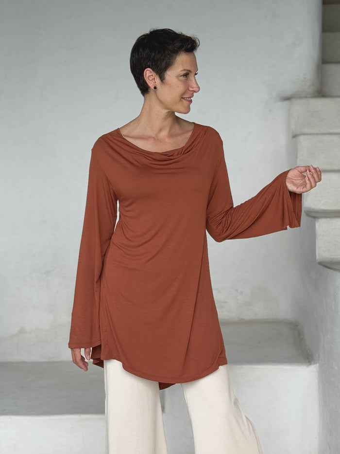 caraucci relaxed fit copper orange long sleeve cowl neck tunic #color_copper