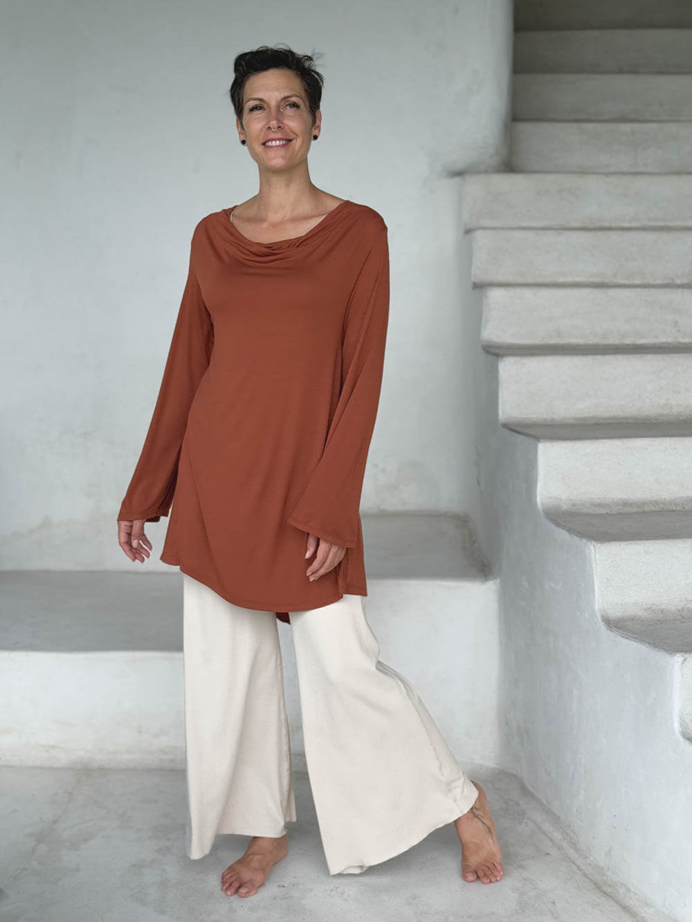 caraucci relaxed fit copper orange long sleeve cowl neck tunic #color_copper