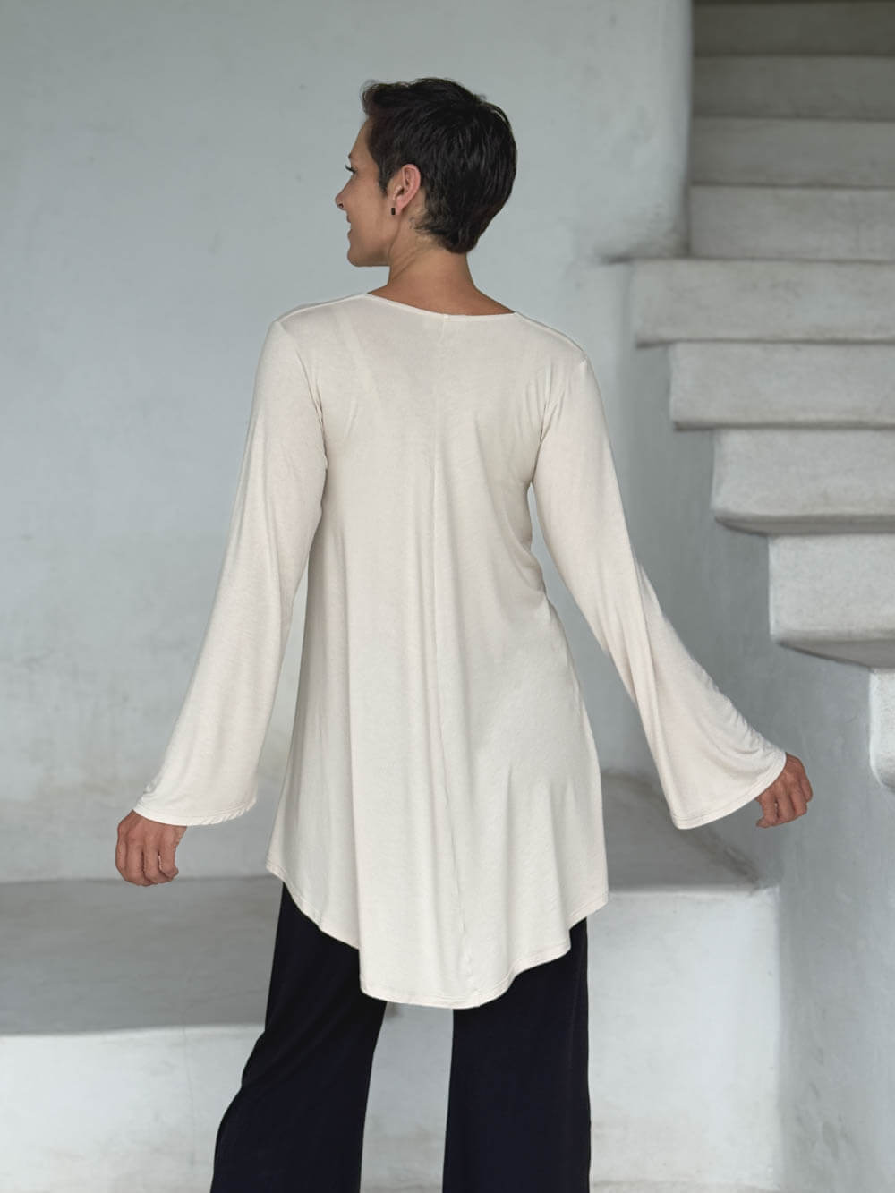 caraucci relaxed fit cream long sleeve cowl neck tunic #color_cream