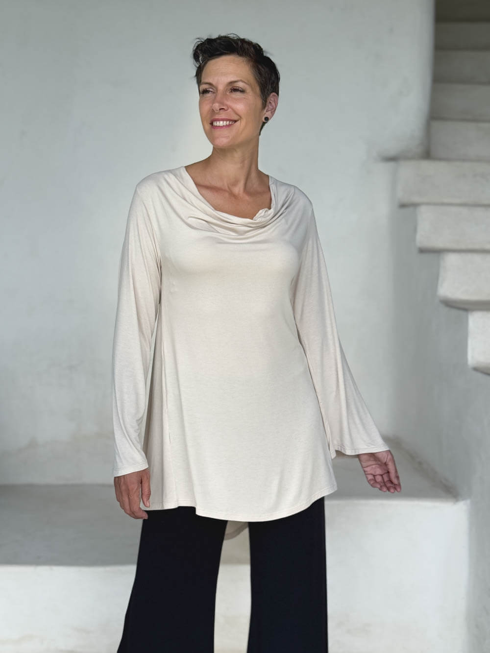 caraucci relaxed fit cream long sleeve cowl neck tunic #color_cream