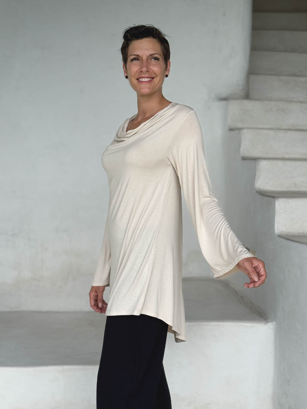 caraucci relaxed fit cream long sleeve cowl neck tunic #color_cream