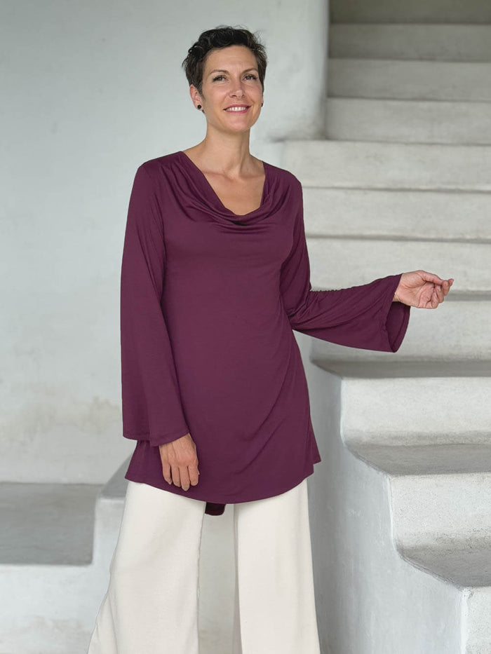 caraucci relaxed fit purple long sleeve cowl neck tunic #color_jam