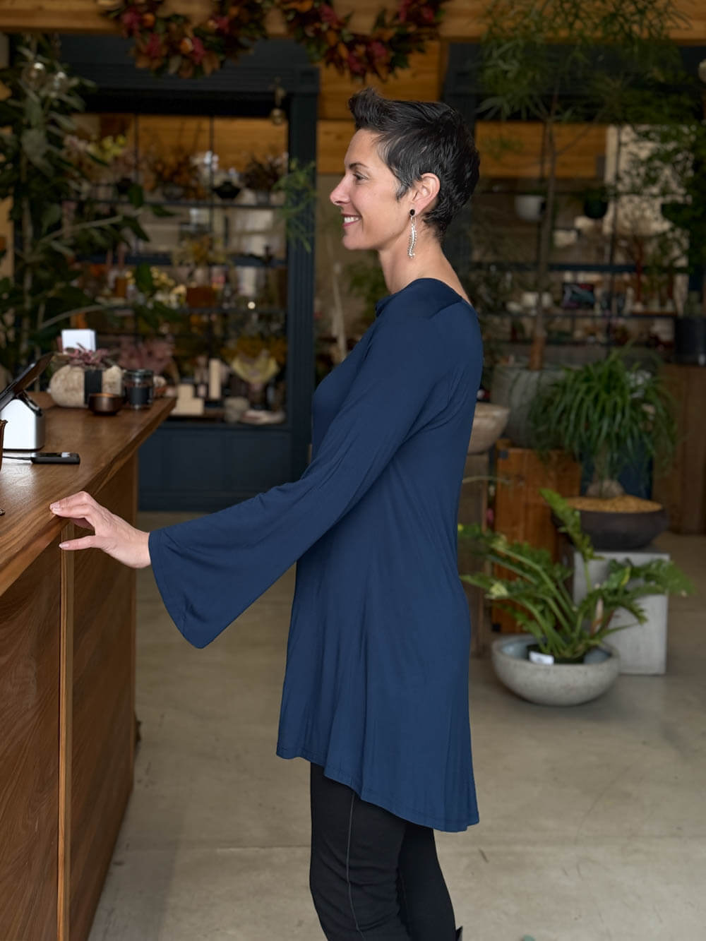 caraucci relaxed fit navy blue long sleeve cowl neck tunic #color_navy