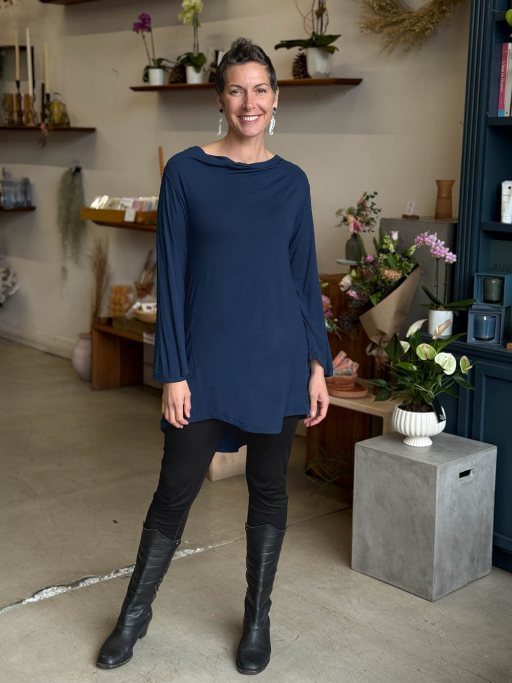 caraucci relaxed fit navy blue long sleeve cowl neck tunic #color_navy