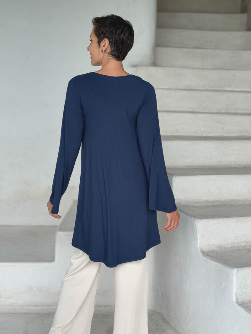 caraucci relaxed fit navy blue long sleeve cowl neck tunic #color_navy