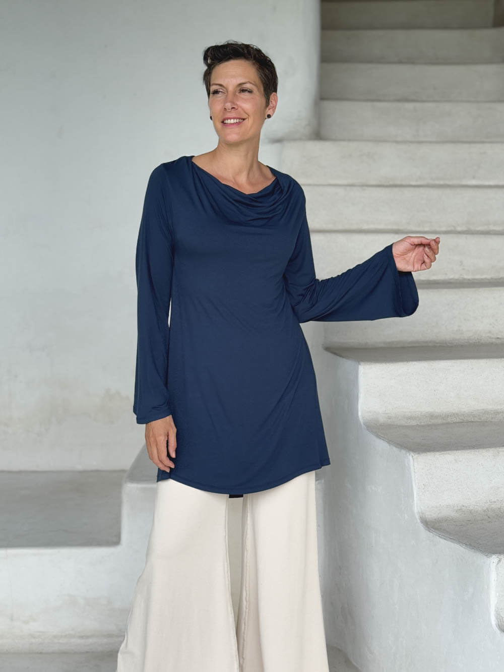 caraucci relaxed fit navy blue long sleeve cowl neck tunic #color_navy