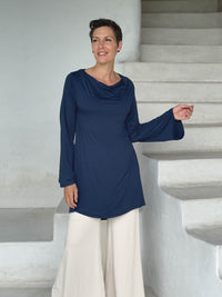 caraucci relaxed fit navy blue long sleeve cowl neck tunic #color_navy