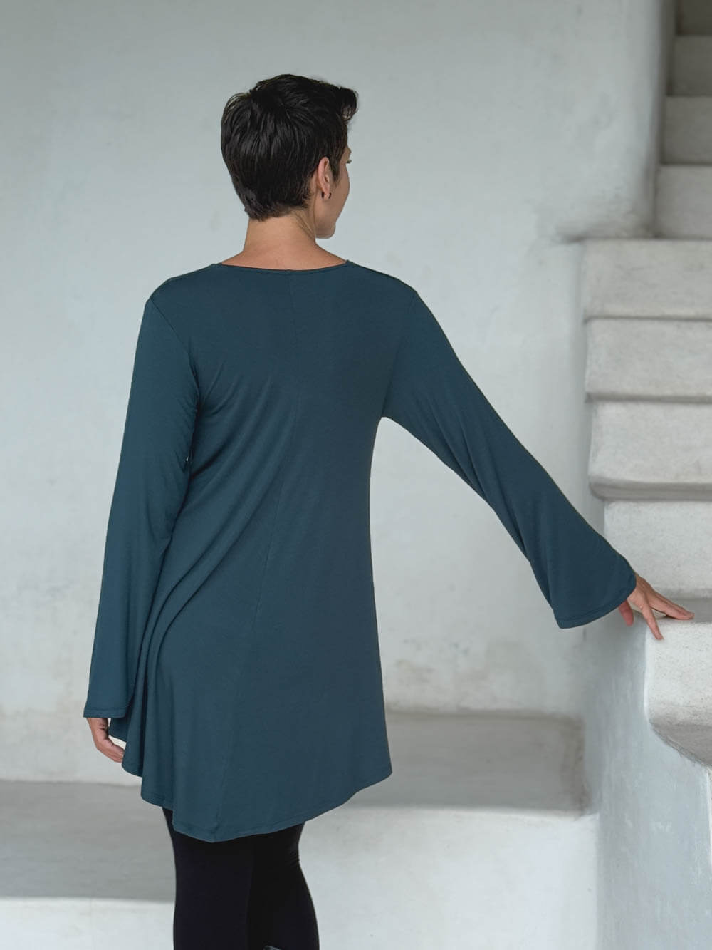 caraucci relaxed fit teal blue long sleeve cowl neck tunic #color_teal