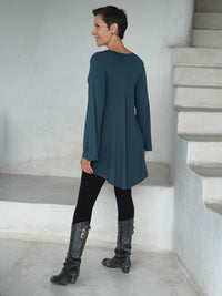 caraucci relaxed fit teal blue long sleeve cowl neck tunic and black leggings #color_teal