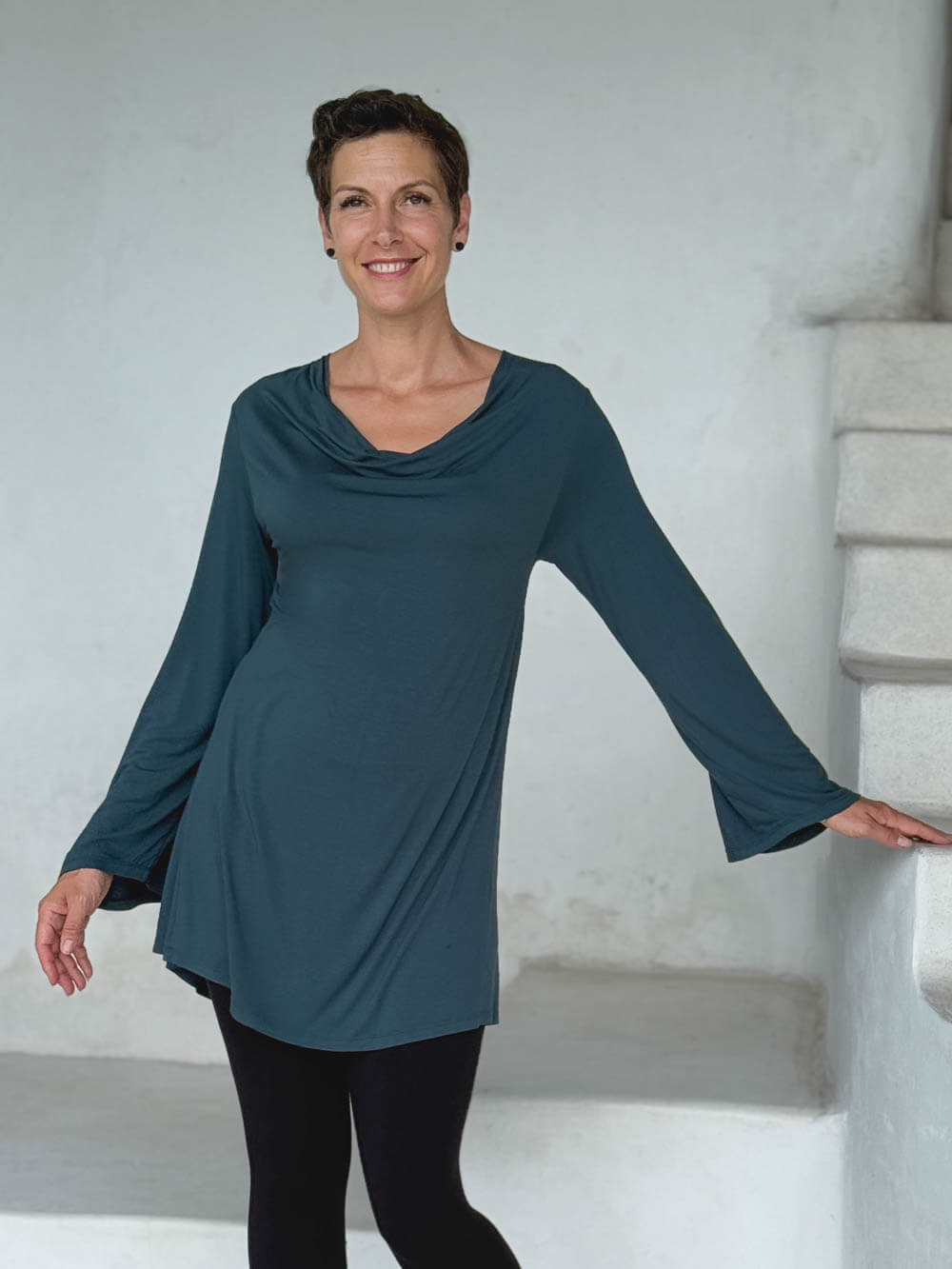 caraucci relaxed fit teal blue long sleeve cowl neck tunic #color_teal