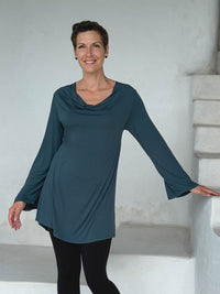 caraucci relaxed fit teal blue long sleeve cowl neck tunic #color_teal