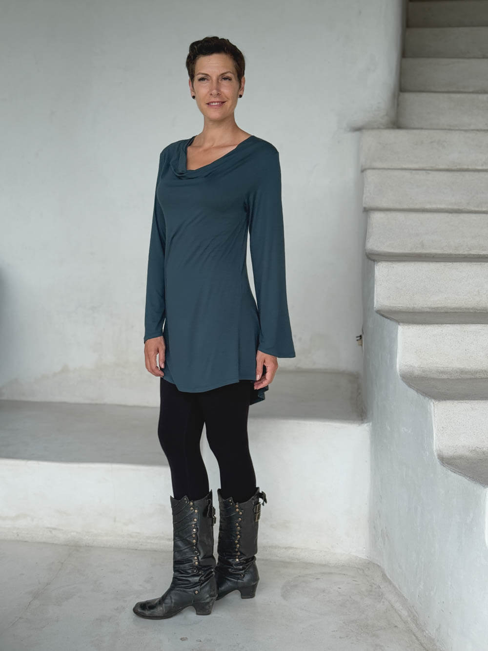 caraucci relaxed fit teal blue long sleeve cowl neck tunic and black leggings #color_teal