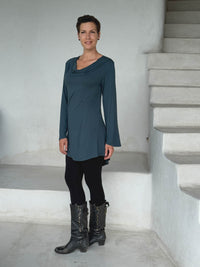 caraucci relaxed fit teal blue long sleeve cowl neck tunic and black leggings #color_teal