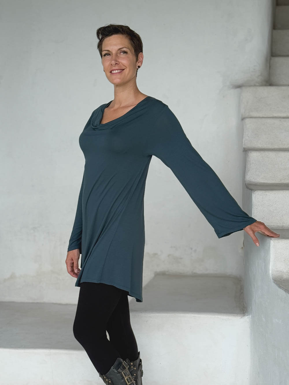 caraucci relaxed fit teal blue long sleeve cowl neck tunic #color_teal