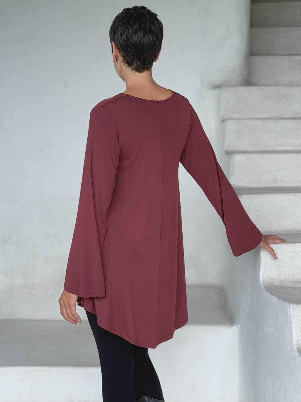 caraucci relaxed fit maroon long sleeve cowl neck tunic #color_wine