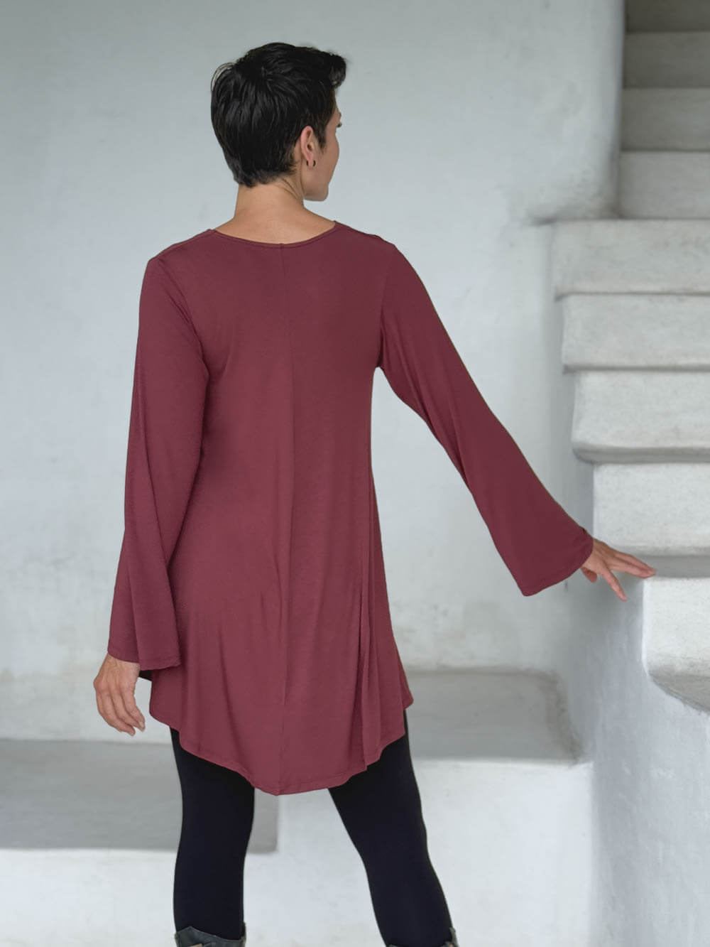 caraucci relaxed fit maroon long sleeve cowl neck tunic #color_wine