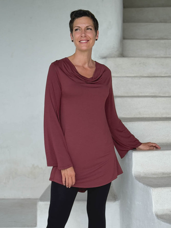 caraucci relaxed fit maroon long sleeve cowl neck tunic #color_wine
