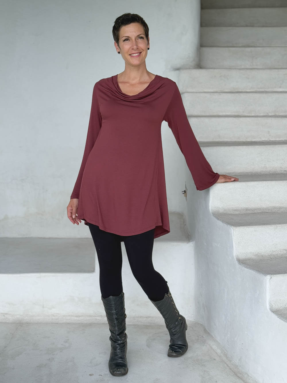 caraucci relaxed fit maroon long sleeve cowl neck tunic #color_wine