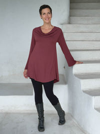 caraucci relaxed fit maroon long sleeve cowl neck tunic #color_wine