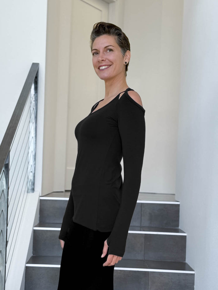 women's plant based stretchy rayon jersey black peekaboo long sleeve top with thumbholes #color_black