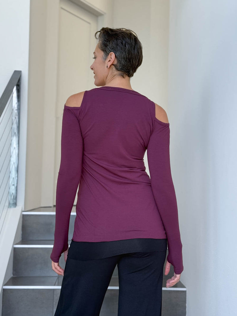 women's plant based stretchy rayon jersey purple peekaboo long sleeve top with thumbholes #color_jam