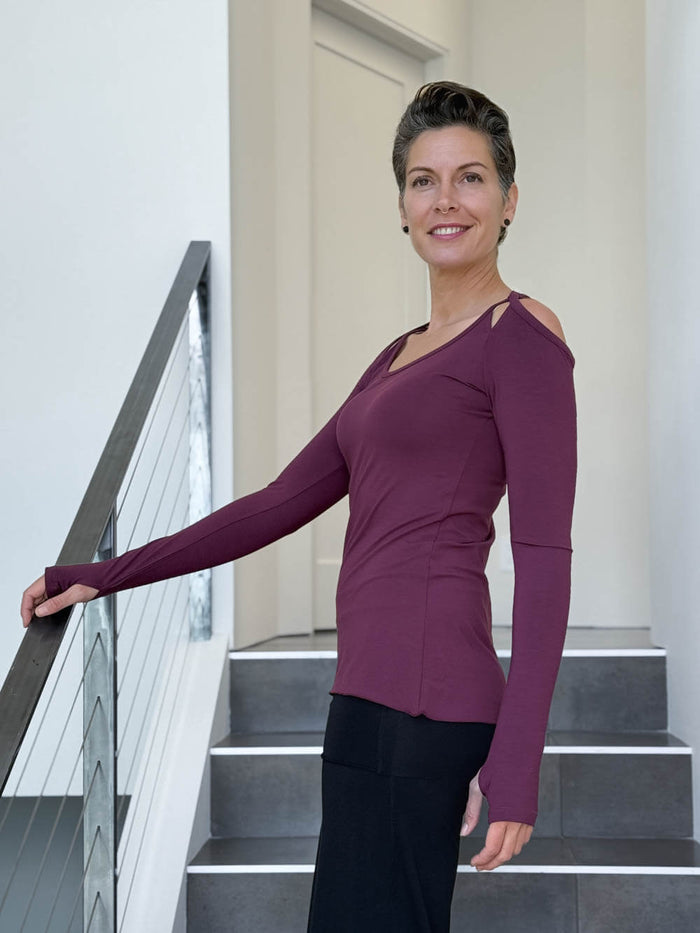 women's plant based stretchy rayon jersey purple peekaboo long sleeve top with thumbholes #color_jam