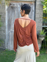 caraucci reversible rust orange ruched long sleeve top #color_copper