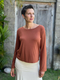 caraucci reversible rust orange ruched long sleeve top #color_copper