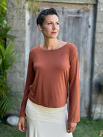 caraucci reversible rust orange ruched long sleeve top #color_copper