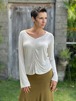 caraucci reversible cream ruched long sleeve top #color_cream