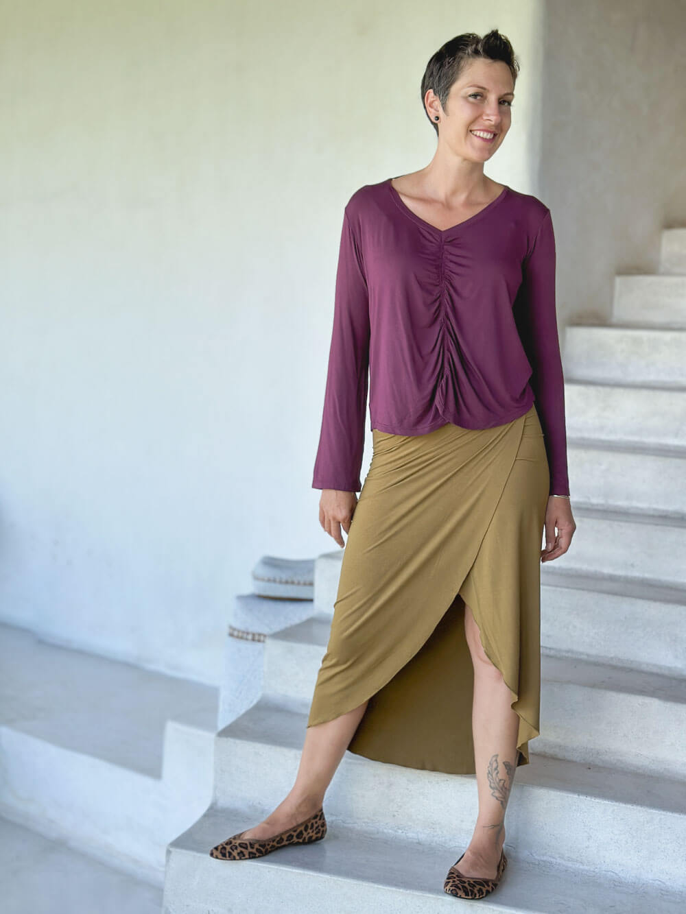 caraucci reversible purple ruched long sleeve top #color_jam