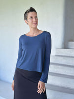 caraucci reversible navy blue ruched long sleeve top #color_navy