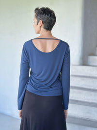 caraucci reversible navy blue ruched long sleeve top #color_navy