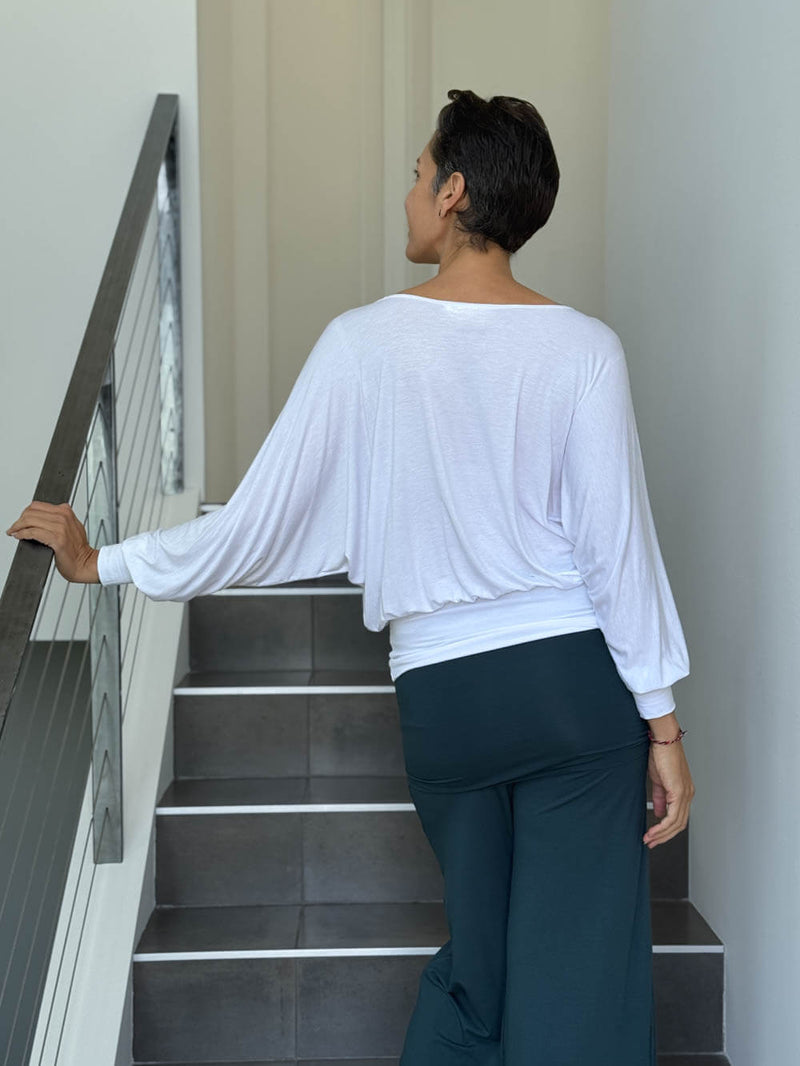 caraucci women's plant-based lightweight rayon jersey white dolman long sleeve loose fit top #color_white